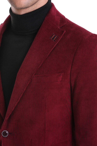 Bordo Slim Fit Düz Mono Yaka Pamuklu Kadife Ceket - 6