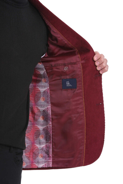 Bordo Slim Fit Düz Mono Yaka Pamuklu Kadife Ceket - 7