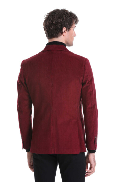 Bordo Slim Fit Düz Mono Yaka Pamuklu Kadife Ceket - 8