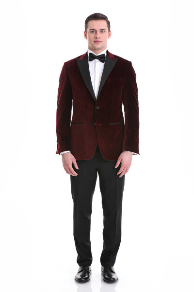 Bordo Slim Fit Düz Sivri Yaka Kadife Klasik Smokin Damatlık 