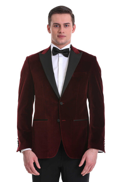 Bordo Slim Fit Sivri Yaka Kadife Klasik Smokin Damatlık - 2