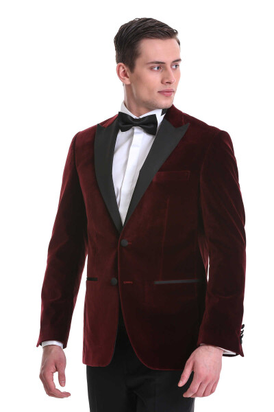 Bordo Slim Fit Sivri Yaka Kadife Klasik Smokin Damatlık - 3