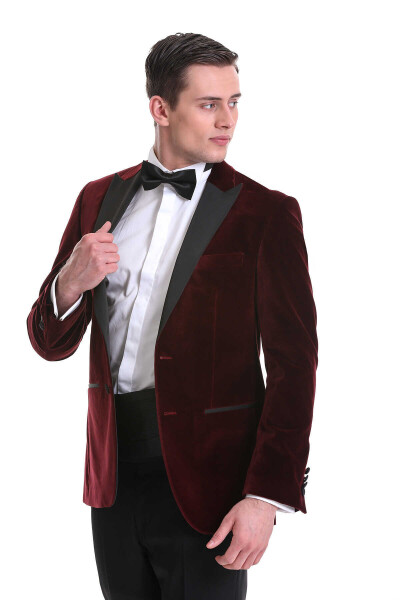 Bordo Slim Fit Sivri Yaka Kadife Klasik Smokin Damatlık - 5