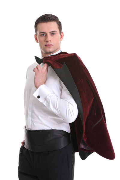 Bordo Slim Fit Sivri Yaka Kadife Klasik Smokin Damatlık - 6