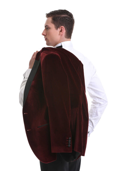 Bordo Slim Fit Sivri Yaka Kadife Klasik Smokin Damatlık - 7