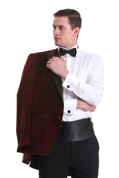 Bordo Slim Fit Sivri Yaka Kadife Klasik Smokin Damatlık - 8