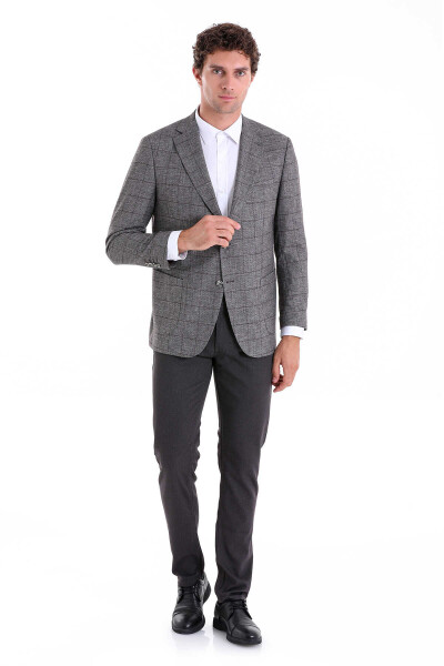 Bordo Slim Fit Kareli Mono Yaka Keten Ceket - 4