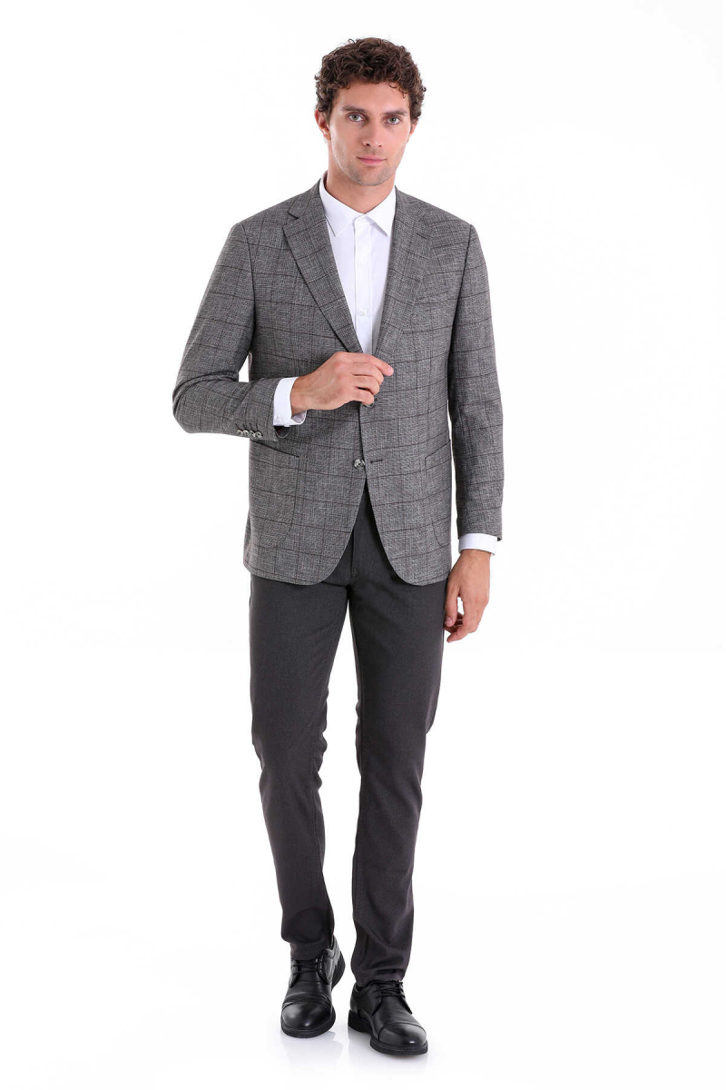 Bordo Slim Fit Kareli Mono Yaka Keten Ceket - Hatemoğlu (1)