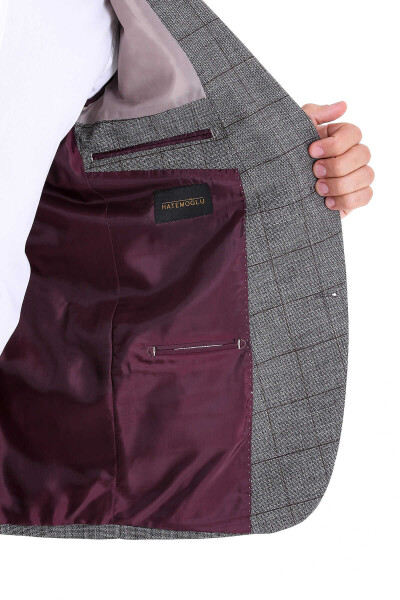 Bordo Slim Fit Kareli Mono Yaka Keten Ceket - 6