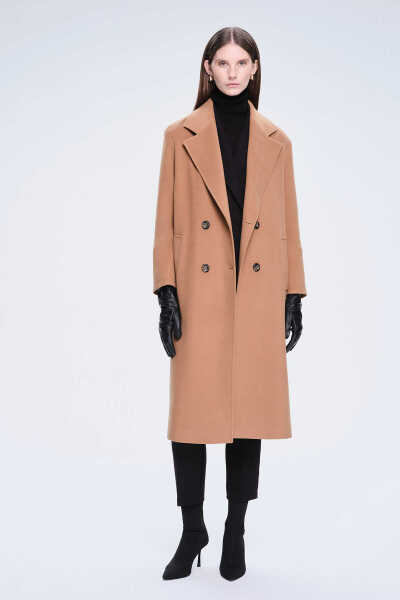 Saykı Woman Camel Dinamik Fit Ceket Yaka Kaşe Yünlü Manto - 1