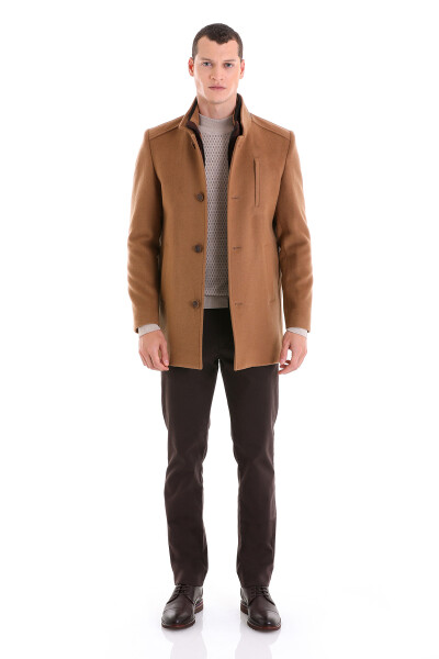 Camel Slim Fit Hakim Yaka İçlikli Yünlü Basic Palto - 2