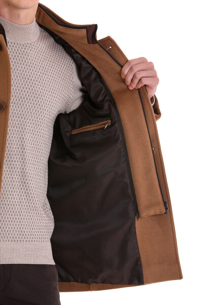 Camel Slim Fit Hakim Yaka İçlikli Yünlü Basic Palto - 6