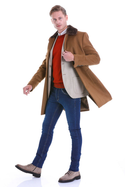Camel Slim Fit Bebe Yaka Yünlü Kürklü Kaşe Palto - 3