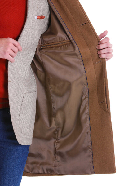 Camel Slim Fit Bebe Yaka Yünlü Kürklü Kaşe Palto - 5