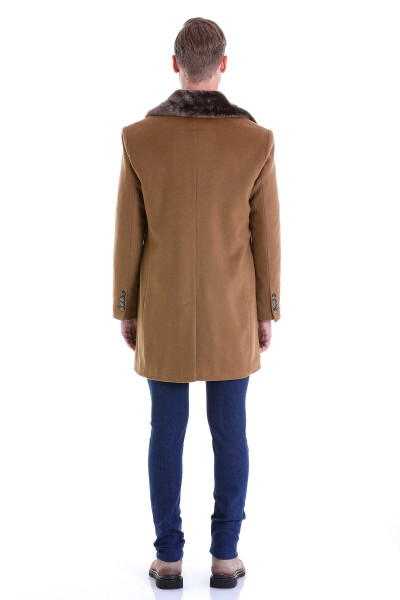Camel Slim Fit Bebe Yaka Yünlü Kürklü Kaşe Palto - 6