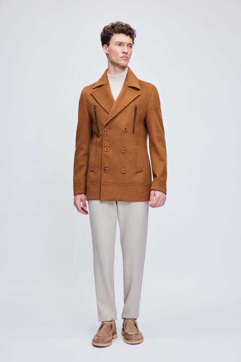 Camel Slim Fit Kruvaze Yünlü Kaşe Kaban - Hatem Saykı (1)