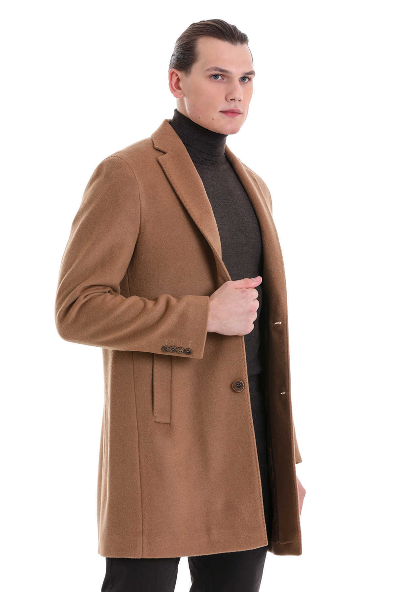 Camel Slim Fit Mono Yaka Yünlü Kaşe Palto - Hatem Saykı (1)