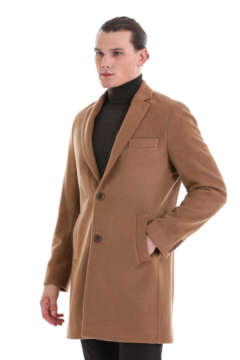 Camel Slim Fit Mono Yaka Yünlü Kaşe Palto - Hatem Saykı (1)
