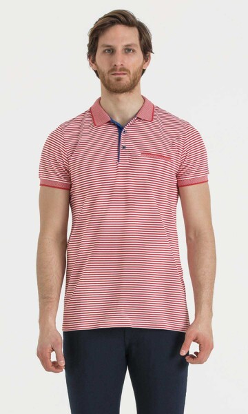 Nar Çiçeği Desenli Polo Yaka Slim Fit T-shirt - 1