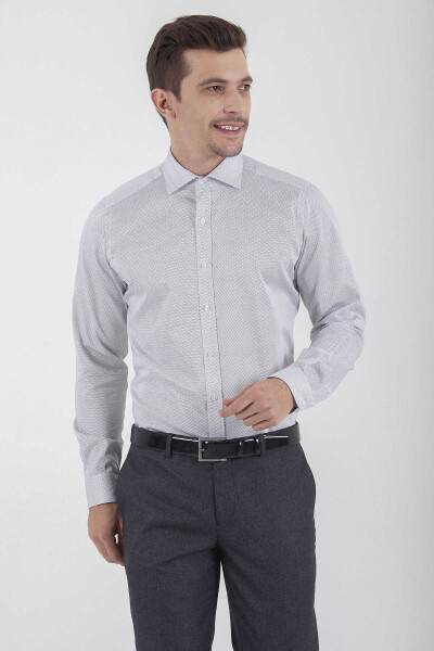 Gri Slim Fit Baskılı 100% Pamuk Uzun Kol Saten Gömlek - 5