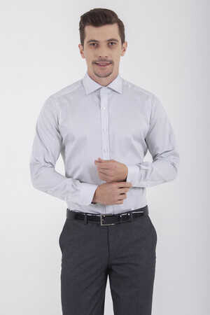 Gri Slim Fit Baskılı 100% Pamuk Uzun Kol Saten Gömlek - 12