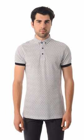 Beyaz Desenli Düğmeli Polo Yaka Tişört - 5
