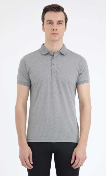 Gri Desenli Polo Yaka Basic Tişört - 1