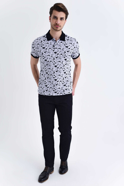 Gri Çiçek Desenli Polo Yaka Tişört - 3
