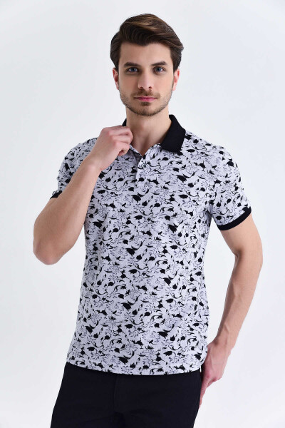 Gri Çiçek Desenli Polo Yaka Tişört - 1