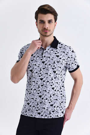 Gri Çiçek Desenli Polo Yaka Tişört - 6