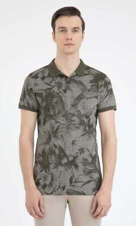 Haki Büyük Desenli Polo Yaka Tişört - 5