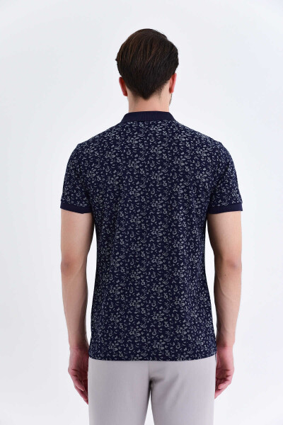 Lacivert Çiçek Desenli Polo Yaka Tişört - 4