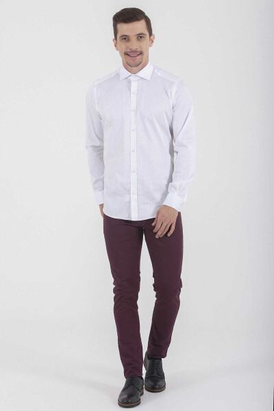 Gri Slim Fit Baskılı 100% Pamuk Uzun Kol Saten Gömlek - 3