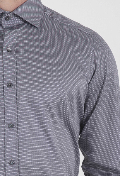 Gri Slim Fit Baskılı 100% Pamuk Uzun Kol Saten Gömlek - 7