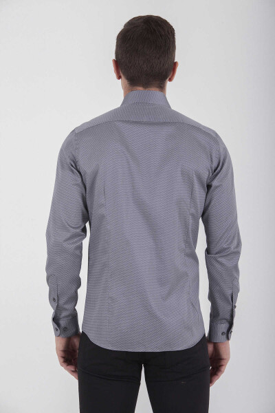 Gri Slim Fit Baskılı 100% Pamuk Uzun Kol Saten Gömlek - 9