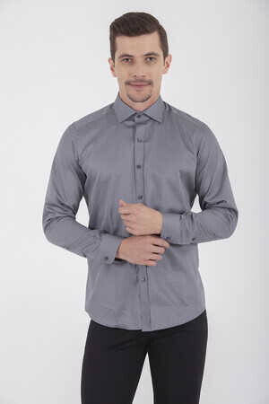 Gri Slim Fit Baskılı 100% Pamuk Uzun Kol Saten Gömlek - 11