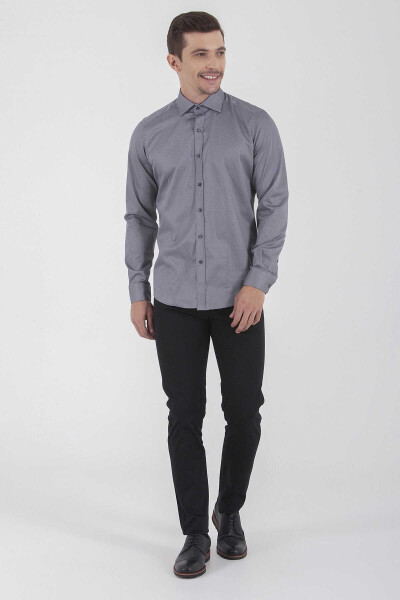 Gri Slim Fit Baskılı 100% Pamuk Uzun Kol Saten Gömlek - 4