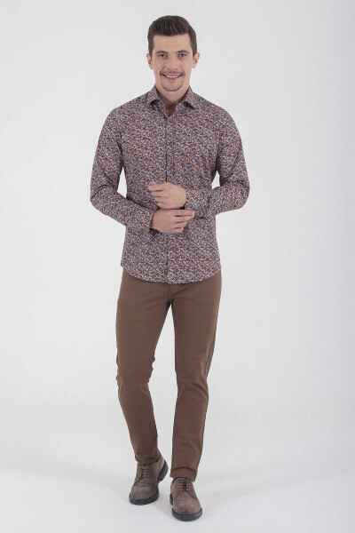Kahverengi Slim Fit Baskılı 100% Pamuk Uzun Kol Spor Gömlek - 3