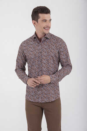 Kahverengi Slim Fit Baskılı 100% Pamuk Uzun Kol Spor Gömlek - 11