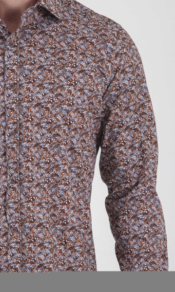Kahverengi Slim Fit Baskılı 100% Pamuk Uzun Kol Spor Gömlek - 8