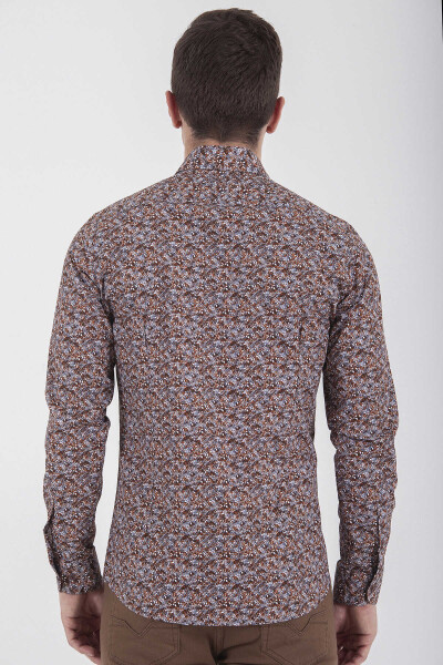 Kahverengi Slim Fit Baskılı 100% Pamuk Uzun Kol Spor Gömlek - 10