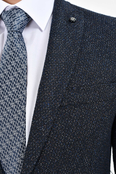 Lacivert Slim Fit Desenli Blazer Ceket - 4
