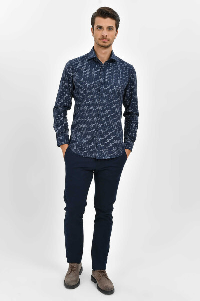 Lacivert Slim Fit Baskılı Pamuklu Uzun Kol Spor Gömlek - 2