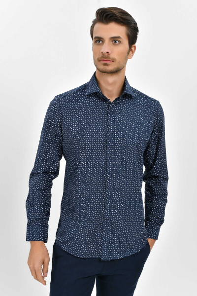 Lacivert Slim Fit Baskılı Pamuklu Uzun Kol Spor Gömlek - 3