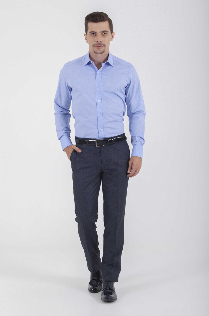 Mavi Slim Fit Desenli 100% Pamuk Uzun Kol Manşetli Gömlek - Hatemoğlu (1)