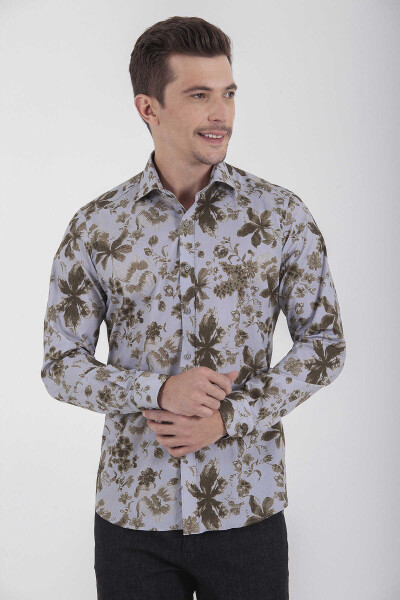 Yeşil Slim Fit Baskılı 100% Pamuk Uzun Kol Spor Gömlek - 3