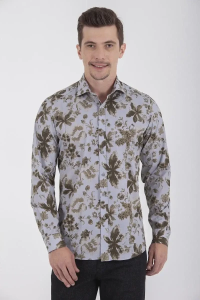 Yeşil Slim Fit Baskılı 100% Pamuk Uzun Kol Spor Gömlek - Hatemoğlu