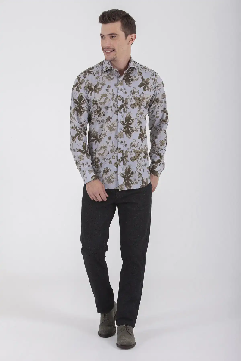 Yeşil Slim Fit Baskılı 100% Pamuk Uzun Kol Spor Gömlek - Hatemoğlu (1)