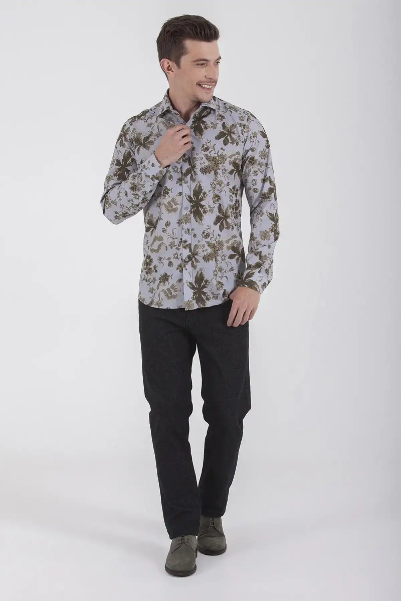 Yeşil Slim Fit Baskılı 100% Pamuk Uzun Kol Spor Gömlek - Hatemoğlu (1)