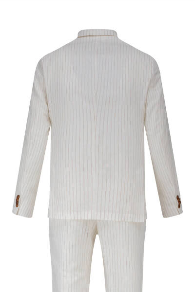 Ekru Comfort Fit Çizgili Mono Yaka Keten Takım Elbise - 5